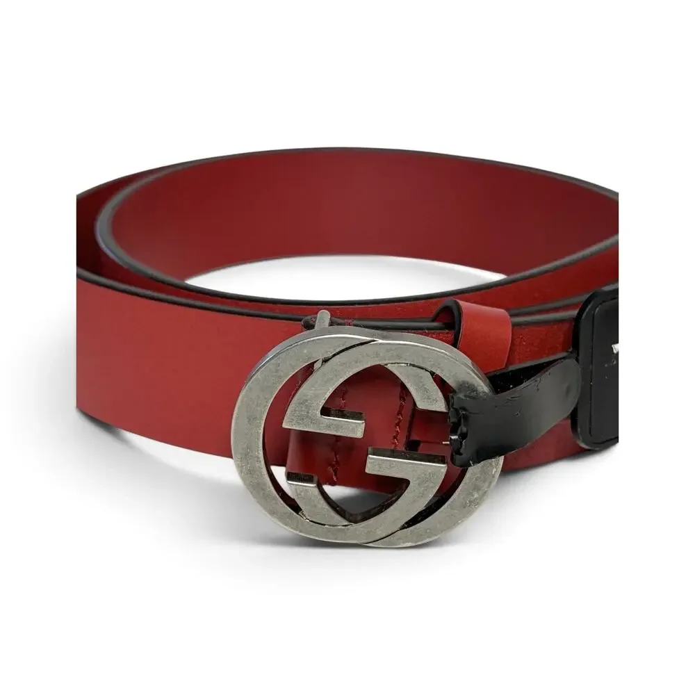 Gucci Interlocking G Red Leather Belt Silver Buckle Size 95/38 NWT Authentic